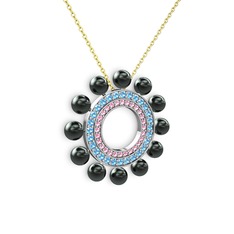 Siyah inci, pembe kuvars ve akuamarin 925 ayar gümüş kolye (40 cm altın rolo zincir)