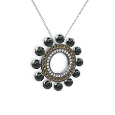 Velinda İnci Kolye - Siyah inci, swarovski ve dumanlı kuvars 925 ayar siyah rodyum kaplama gümüş kolye (40 cm beyaz altın rolo zincir) #1uf6tte