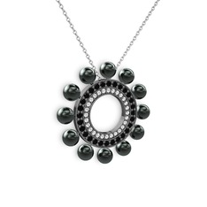 Velinda İnci Kolye - Siyah inci, swarovski ve siyah zirkon 925 ayar siyah rodyum kaplama gümüş kolye (40 cm beyaz altın rolo zincir) #1uftko2