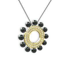 Siyah inci, swarovski ve pırlanta 925 ayar altın kaplama gümüş kolye (0.2464 karat, 40 cm gümüş rolo zincir)