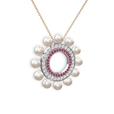 Velinda İnci Kolye - Inci, rodolit garnet ve pırlanta 8 ayar beyaz altın kolye (0.2464 karat, 40 cm rose altın rolo zincir) #1vj391p