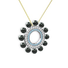Siyah inci, akuamarin ve swarovski 18 ayar beyaz altın kolye (40 cm gümüş rolo zincir)