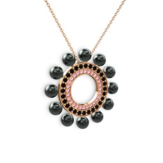 Velinda İnci Kolye - Siyah inci, pembe kuvars ve siyah zirkon 8 ayar rose altın kolye (40 cm rose altın rolo zincir) #1vztzu2