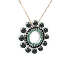 Velinda İnci Kolye - Siyah inci, yeşil kuvars ve siyah zirkon 18 ayar beyaz altın kolye (40 cm rose altın rolo zincir) #1w3lb7a