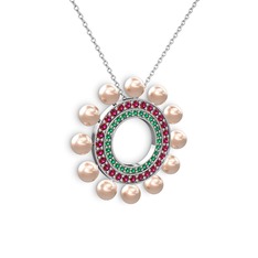 Velinda İnci Kolye - Pembe inci, yeşil kuvars ve rodolit garnet 14 ayar beyaz altın kolye (40 cm beyaz altın rolo zincir) #1w65ru4