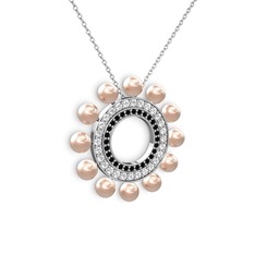 Velinda İnci Kolye - Pembe inci, siyah zirkon ve swarovski 18 ayar beyaz altın kolye (40 cm beyaz altın rolo zincir) #1w8varp