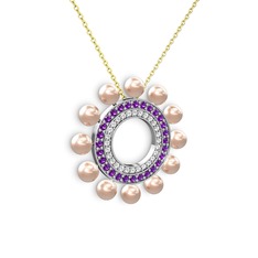 Pembe inci, swarovski ve ametist 8 ayar beyaz altın kolye (40 cm altın rolo zincir)