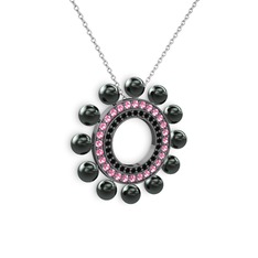Velinda İnci Kolye - Siyah inci, siyah zirkon ve pembe kuvars 925 ayar siyah rodyum kaplama gümüş kolye (40 cm gümüş rolo zincir) #1wnjigi
