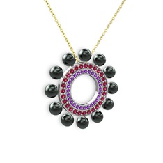 Velinda İnci Kolye - Siyah inci, ametist ve rodolit garnet 18 ayar beyaz altın kolye (40 cm altın rolo zincir) #1wnlh7c