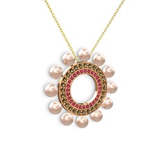 Pembe inci, rodolit garnet ve dumanlı kuvars 18 ayar rose altın kolye (40 cm altın rolo zincir)