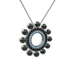 Velinda İnci Kolye - Siyah inci, akuamarin ve siyah zirkon 925 ayar siyah rodyum kaplama gümüş kolye (40 cm gümüş rolo zincir) #1x2rczl
