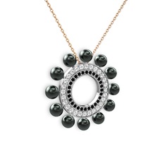 Velinda İnci Kolye - Siyah inci, siyah zirkon ve pırlanta 8 ayar beyaz altın kolye (0.2464 karat, 40 cm rose altın rolo zincir) #1x4oawe