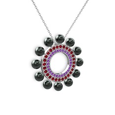 Velinda İnci Kolye - Siyah inci, ametist ve garnet 14 ayar beyaz altın kolye (40 cm beyaz altın rolo zincir) #1xclgq7