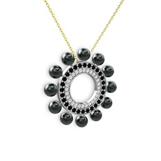 Velinda İnci Kolye - Siyah inci, swarovski ve siyah zirkon 14 ayar beyaz altın kolye (40 cm altın rolo zincir) #1xrj09q