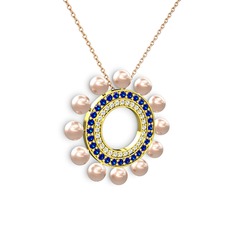 Velinda İnci Kolye - Pembe inci, swarovski ve lab safir 14 ayar altın kolye (40 cm rose altın rolo zincir) #1ydtdno