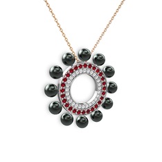 Siyah inci, swarovski ve garnet 18 ayar beyaz altın kolye (40 cm rose altın rolo zincir)