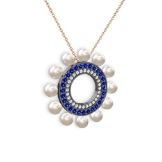 Velinda İnci Kolye - Inci, swarovski ve lab safir 925 ayar siyah rodyum kaplama gümüş kolye (40 cm rose altın rolo zincir) #1yqljc7