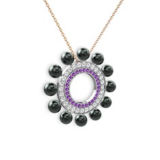 Velinda İnci Kolye - Siyah inci, ametist ve pırlanta 8 ayar beyaz altın kolye (0.2464 karat, 40 cm rose altın rolo zincir) #23gf49