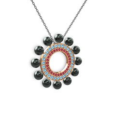 Siyah inci, rodolit garnet ve akuamarin 925 ayar rose altın kaplama gümüş kolye (40 cm gümüş rolo zincir)