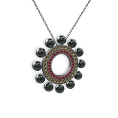 Siyah inci, garnet ve dumanlı kuvars 925 ayar siyah rodyum kaplama gümüş kolye (40 cm gümüş rolo zincir)