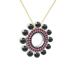 Siyah inci, siyah zirkon ve rodolit garnet 18 ayar beyaz altın kolye (40 cm altın rolo zincir)