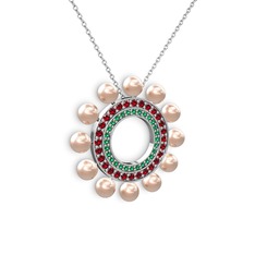 Velinda İnci Kolye - Pembe inci, yeşil kuvars ve garnet 8 ayar beyaz altın kolye (40 cm beyaz altın rolo zincir) #2qkaxm