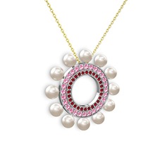 Velinda İnci Kolye - Inci, garnet ve pembe kuvars 8 ayar beyaz altın kolye (40 cm altın rolo zincir) #2v8tqy