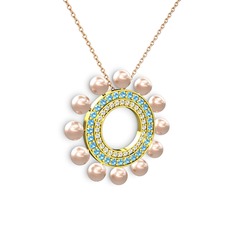 Velinda İnci Kolye - Pembe inci, swarovski ve akuamarin 925 ayar altın kaplama gümüş kolye (40 cm rose altın rolo zincir) #2zcj4t