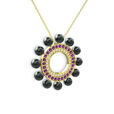 Velinda İnci Kolye - Siyah inci, swarovski ve ametist 18 ayar altın kolye (40 cm altın rolo zincir) #320xt6