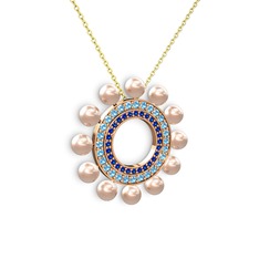Velinda İnci Kolye - Pembe inci, lab safir ve akuamarin 14 ayar rose altın kolye (40 cm altın rolo zincir) #32fh5b