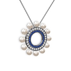 Velinda İnci Kolye - Inci, lab safir ve swarovski 925 ayar siyah rodyum kaplama gümüş kolye (40 cm gümüş rolo zincir) #36b71n