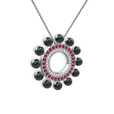 Siyah inci, pırlanta ve rodolit garnet 18 ayar beyaz altın kolye (0.42 karat, 40 cm gümüş rolo zincir)
