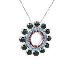 Siyah inci, garnet ve akuamarin 18 ayar beyaz altın kolye (40 cm beyaz altın rolo zincir)