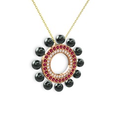 Velinda İnci Kolye - Siyah inci, pırlanta ve rodolit garnet 8 ayar rose altın kolye (0.42 karat, 40 cm altın rolo zincir) #3eow28