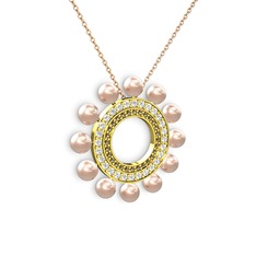 Pembe inci, dumanlı kuvars ve swarovski 18 ayar altın kolye (40 cm rose altın rolo zincir)