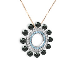 Velinda İnci Kolye - Siyah inci, akuamarin ve pırlanta 8 ayar beyaz altın kolye (0.2464 karat, 40 cm rose altın rolo zincir) #3k4way