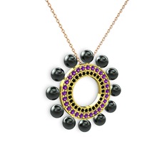 Velinda İnci Kolye - Siyah inci, siyah zirkon ve ametist 8 ayar altın kolye (40 cm gümüş rolo zincir) #3qms2l