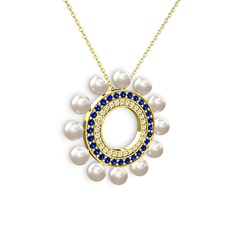 Velinda İnci Kolye - Inci, swarovski ve lab safir 14 ayar altın kolye (40 cm altın rolo zincir) #3y8y6h