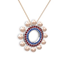 Velinda İnci Kolye - Pembe inci, lab safir ve garnet 18 ayar beyaz altın kolye (40 cm rose altın rolo zincir) #47p2ov