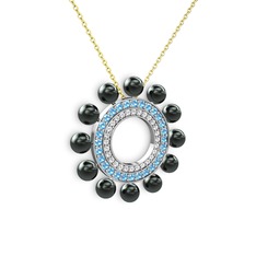 Siyah inci, swarovski ve akuamarin 18 ayar beyaz altın kolye (40 cm altın rolo zincir)