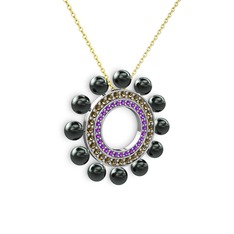 Siyah inci, ametist ve dumanlı kuvars 14 ayar beyaz altın kolye (40 cm gümüş rolo zincir)