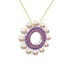 Velinda İnci Kolye - Pembe inci, rodolit garnet ve ametist 18 ayar beyaz altın kolye (40 cm altın rolo zincir) #4n5228