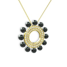 Velinda İnci Kolye - Siyah inci, pırlanta ve swarovski 14 ayar altın kolye (0.42 karat, 40 cm gümüş rolo zincir) #4yg7m3