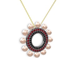 Velinda İnci Kolye - Pembe inci, siyah zirkon ve garnet 925 ayar siyah rodyum kaplama gümüş kolye (40 cm altın rolo zincir) #51jyty