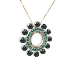 Siyah inci, dumanlı kuvars ve yeşil kuvars 18 ayar beyaz altın kolye (40 cm rose altın rolo zincir)