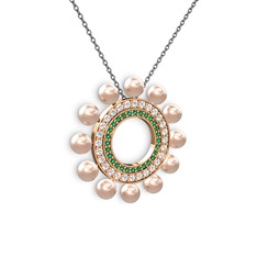 Velinda İnci Kolye - Pembe inci, yeşil kuvars ve swarovski 18 ayar rose altın kolye (40 cm gümüş rolo zincir) #64db3p