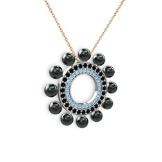 Velinda İnci Kolye - Siyah inci, akuamarin ve siyah zirkon 18 ayar beyaz altın kolye (40 cm rose altın rolo zincir) #658o5w