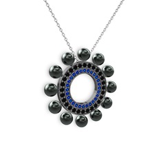 Velinda İnci Kolye - Siyah inci, lab safir ve siyah zirkon 925 ayar siyah rodyum kaplama gümüş kolye (40 cm beyaz altın rolo zincir) #68p6bq
