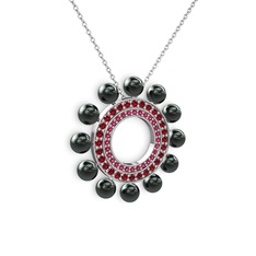 Velinda İnci Kolye - Siyah inci, rodolit garnet ve garnet 14 ayar beyaz altın kolye (40 cm beyaz altın rolo zincir) #6diqks