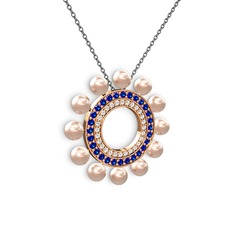 Velinda İnci Kolye - Pembe inci, swarovski ve lab safir 14 ayar rose altın kolye (40 cm gümüş rolo zincir) #6dm1gi